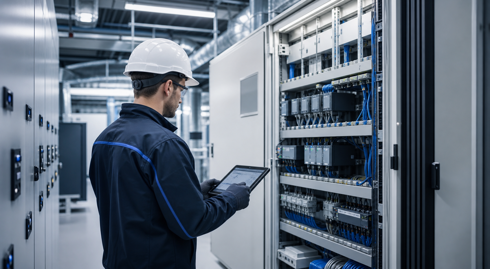 Technician maintaining building systems